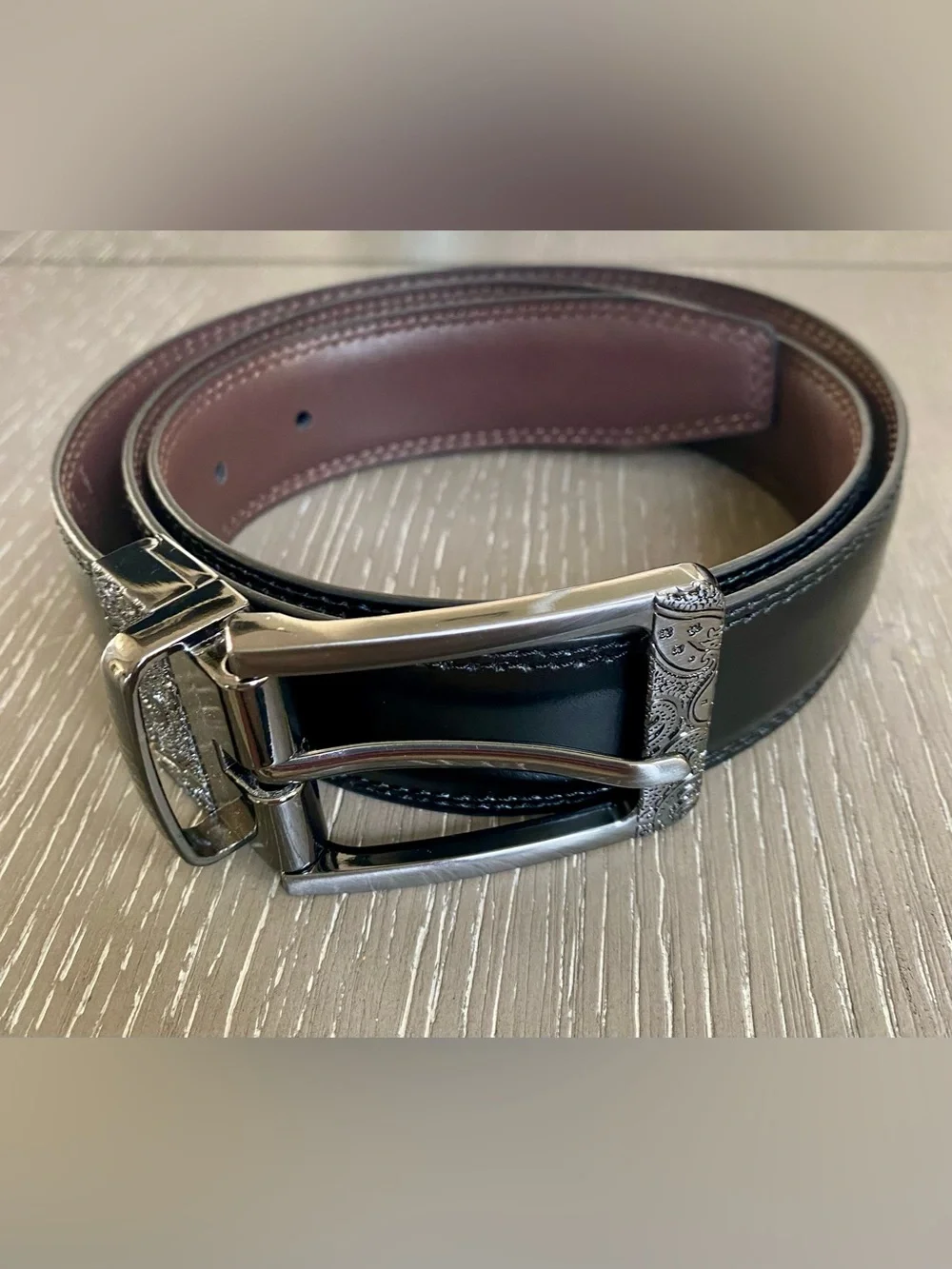 Robert Graham Brown Leather Belt with Paisley print Brushed Silver Buckle
